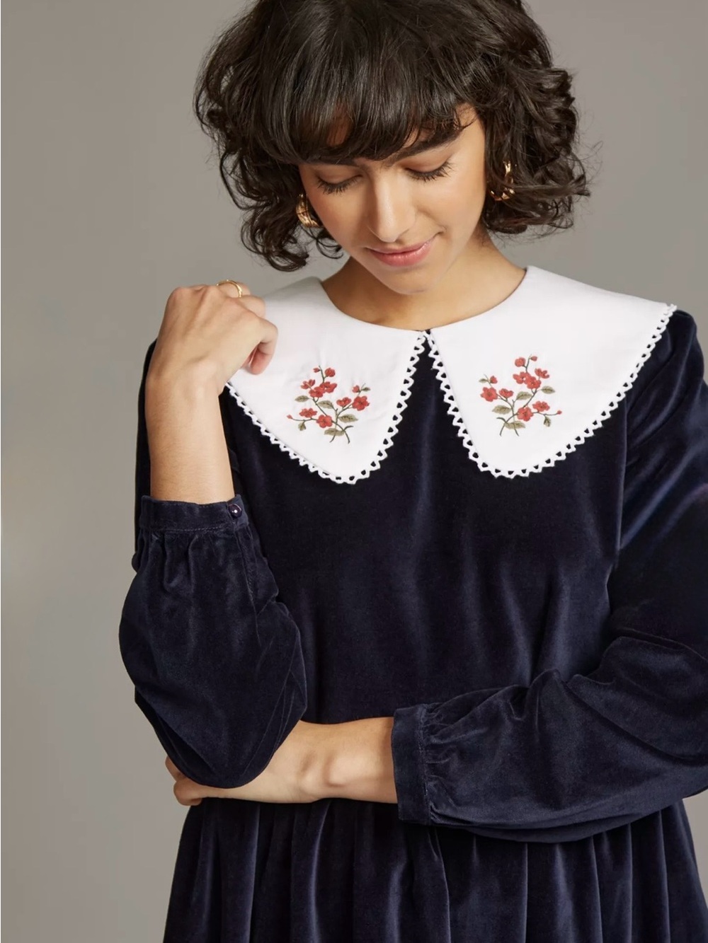 Anthropologie Meadows Pasque Velvet Midi Dress Embroidered Peter Pan Collar - Picture 2 of 14